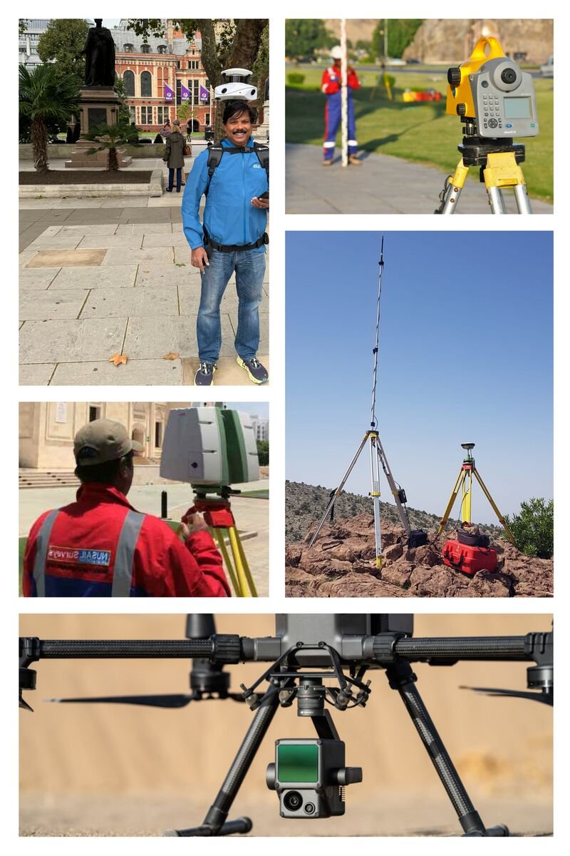 Survey team with GNSS, scanner and UAV equipment